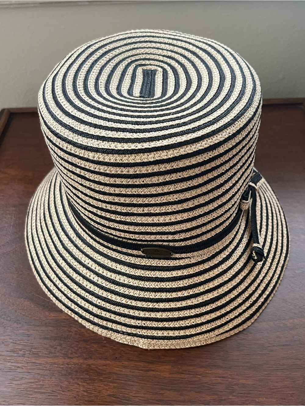 Liz Claiborne Black & Natural Striped Straw Bucket Hat with Knot Detail - Picture 2 of 5